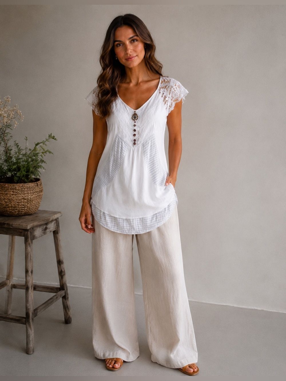 Elisa Cavaletti White Lace Tunic Top XL EU Lagenlook Boho Stripe Hem Embellished